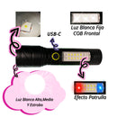 Linterna Luz Blanca Frontal 5 modos COB Lateral Efecto patrulla USB-C DT663