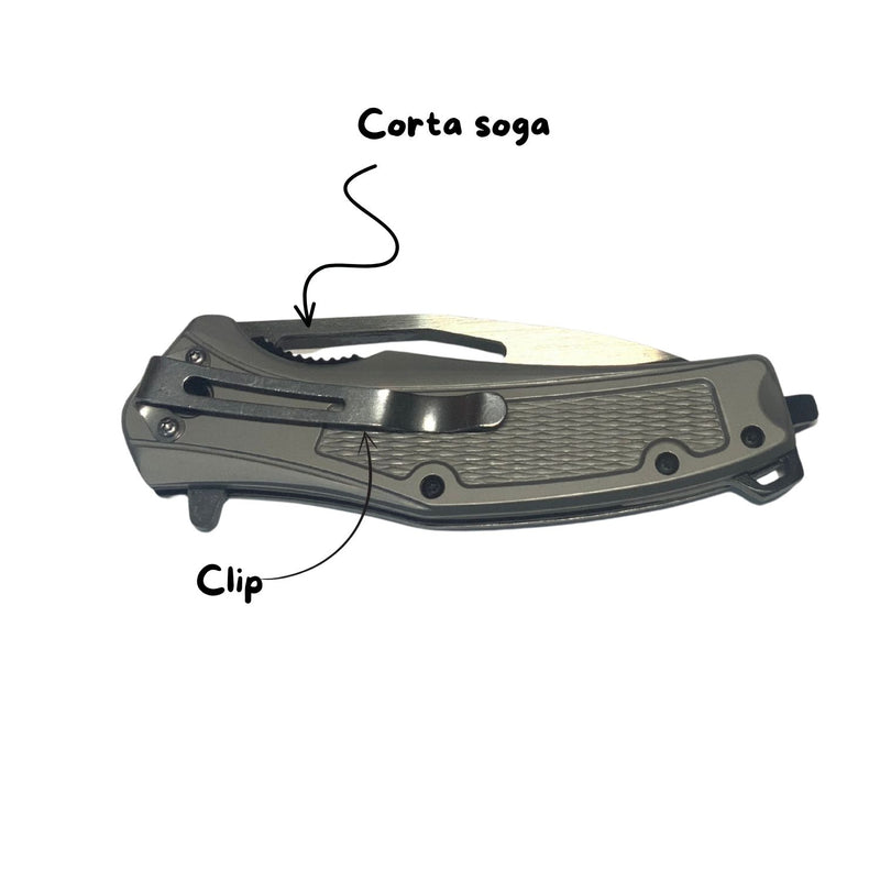 Navaja Manual con Clip y Rompe Vidrios – Mango antiderrapante JF831