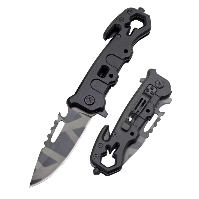 5 en 1 Navaja plegable Portatil +Rompe vidrios Corta soga Abre botellas *Clip JF886