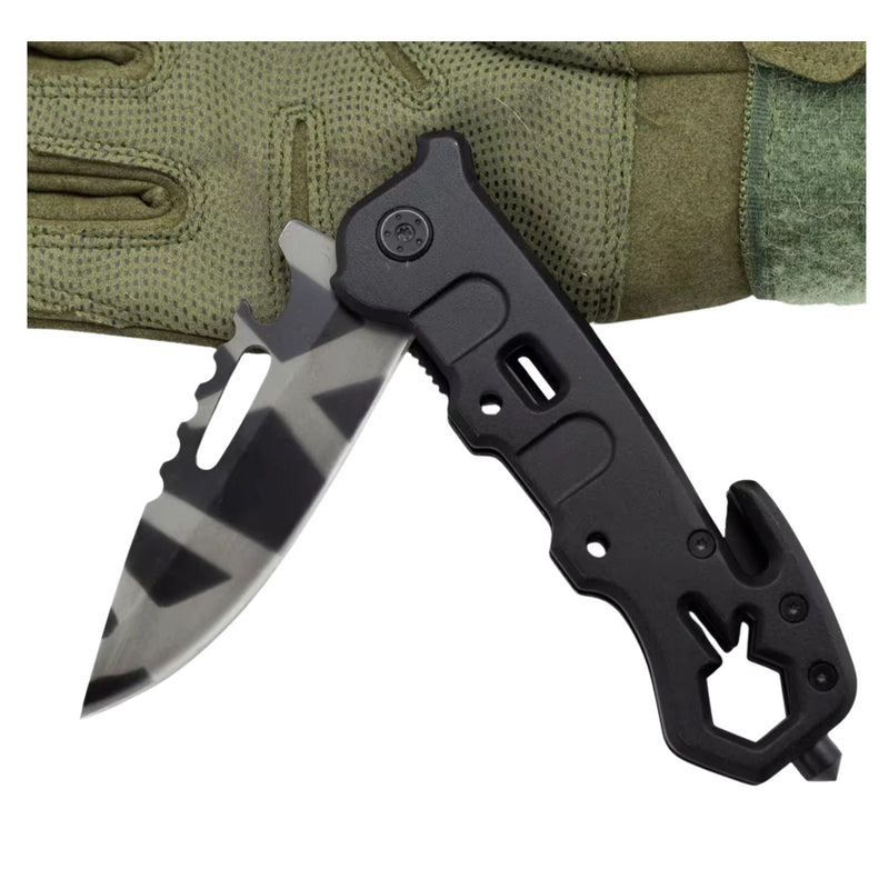 5 en 1 Navaja plegable Portatil +Rompe vidrios Corta soga Abre botellas *Clip JF886