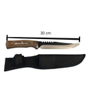 Cuchillo multifuncional c/sierra, funda, mango tipo madera JFK37