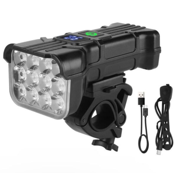 Luz 12 led frontal para bicicleta con bocina 5 pasos control de carga USB TC3008