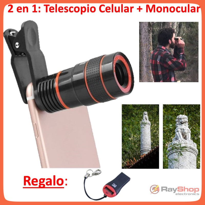 Telescopio Lente Zoom 12x Celular Con Clip + Monocular 12x18