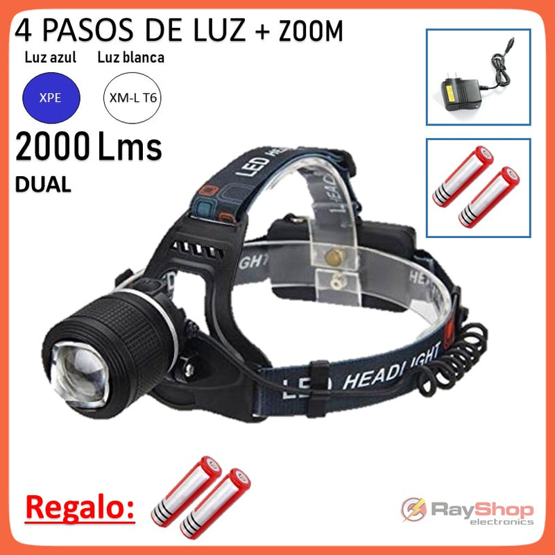 Lámpara Minera Cabeza Luz Blanca Y Azul 2000 Lm 4 Pasos Dt55