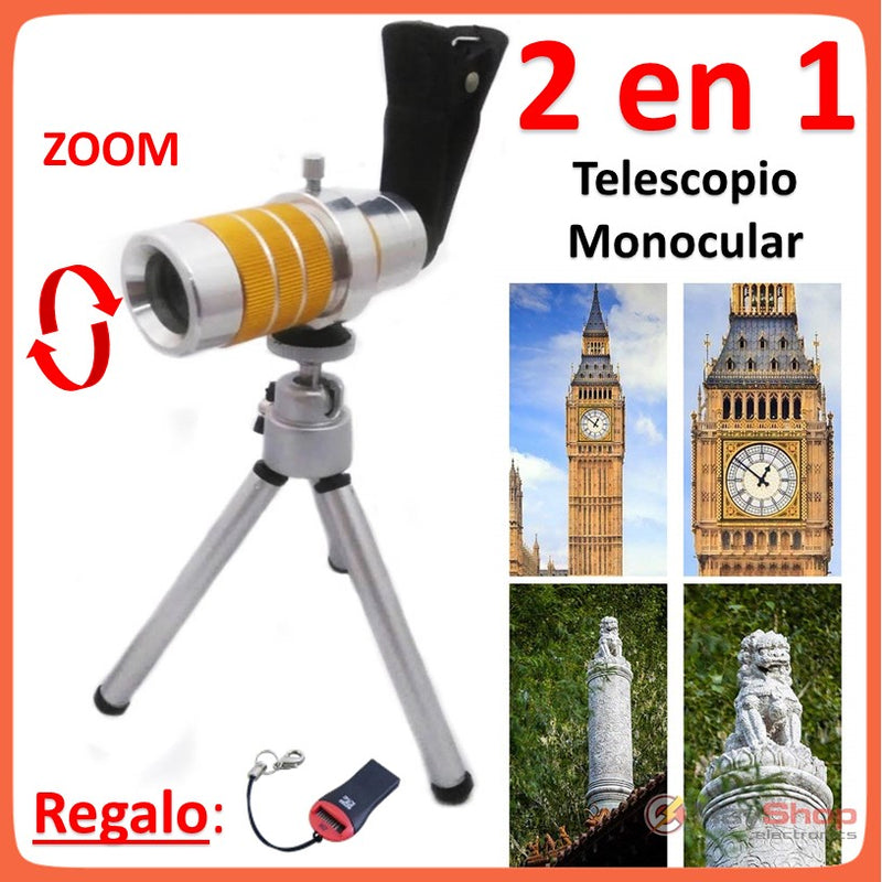 Telescopio Lente Zoom 10x Celular Con Clip + Monocular 10x18