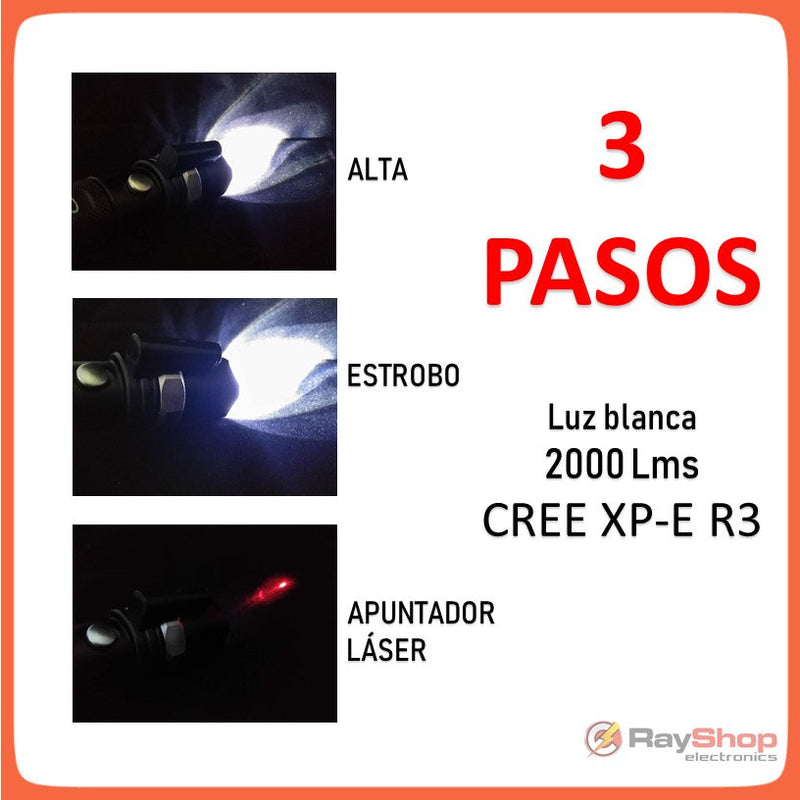 Lámpara Táctica 2000 Lms Zoom Laser Led Cree R3, Swat w808