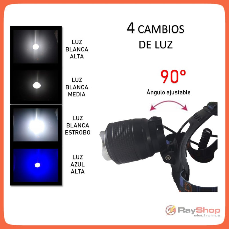 Lámpara Minera Cabeza Luz Blanca Y Azul 2000 Lm 4 Pasos Dt55