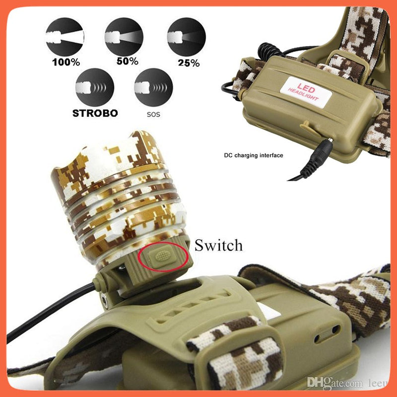 Lámpara Minera Táctica Cabeza 1600 Lms Camuflaje Led T6 Dt45