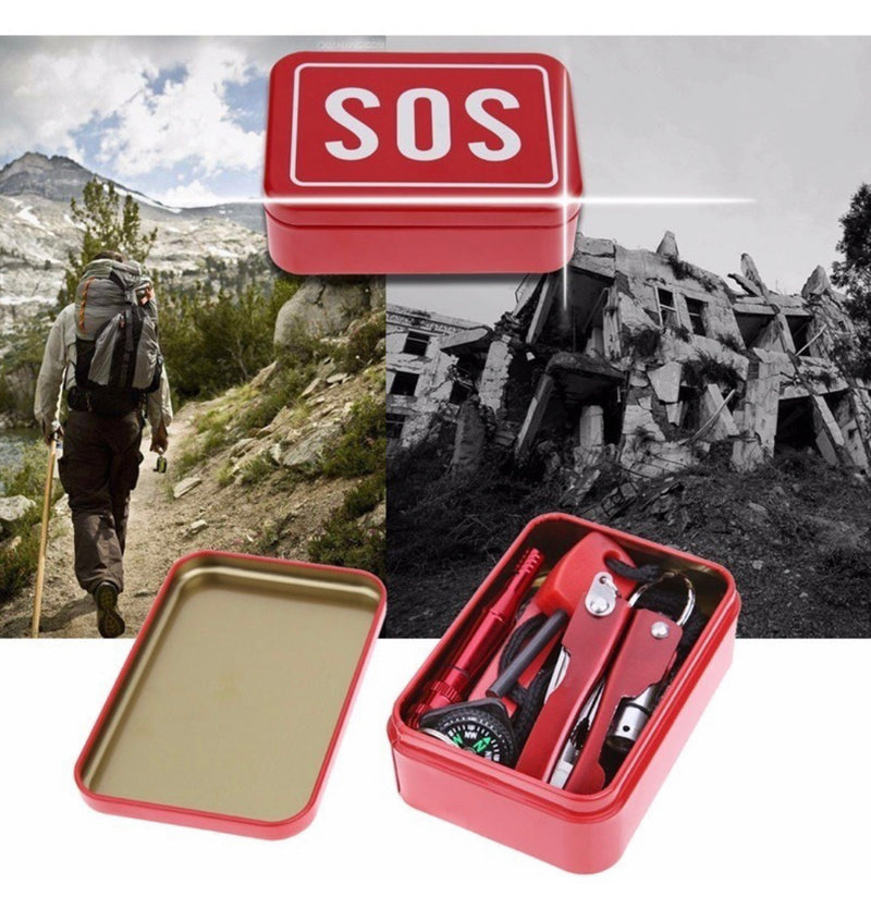 Caja SOS Kit supervivencia Piedra fuego, silbato, sierra, Lámpara, etc. Jfsos