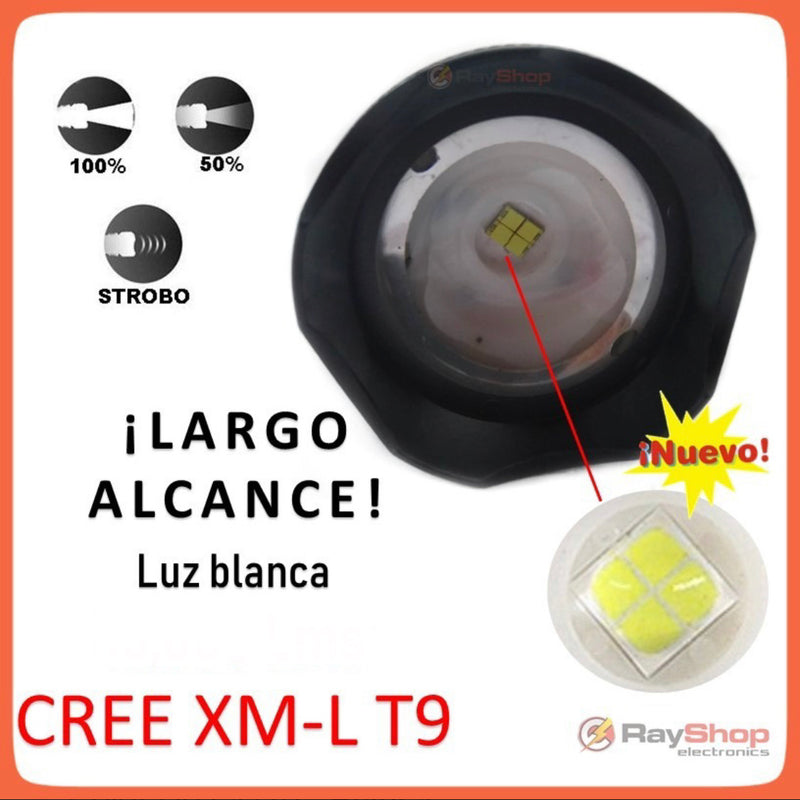 Lampara minera c/ LED T9!!! +Potencia y alcance, 3 pasos, ajustable 90 grados, Zoom, Carga x USB 402-T9