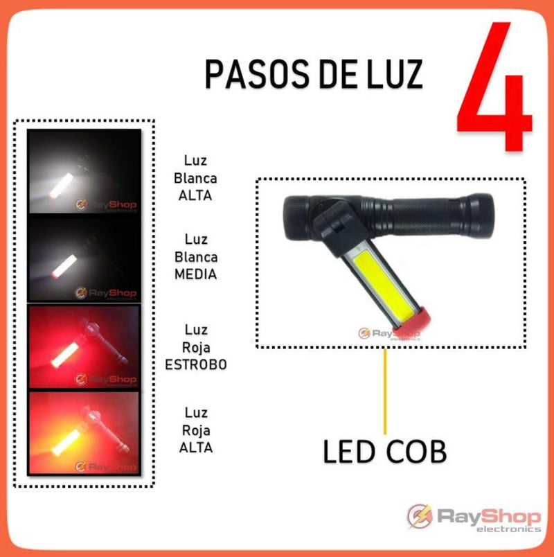 Mini Lámpara, LED COB: Luz blanca alta, media, Luz Roja alta, estrobo; FOCO REDONDO: Luz UV(BILLETES FALSOS), Gira, Imán Dt361