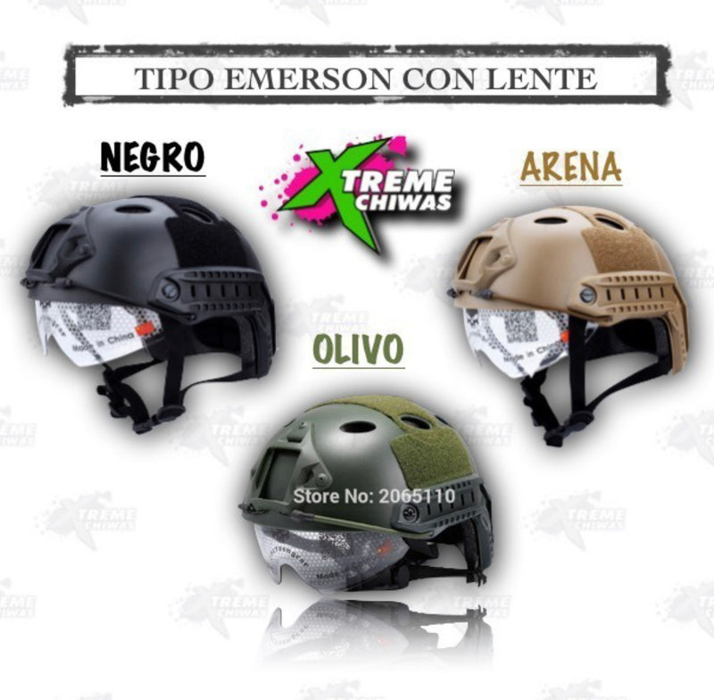 Casco tipo Emerson Tactico Lente Delizable Ocultable Gotcha Paintball GJP 2004