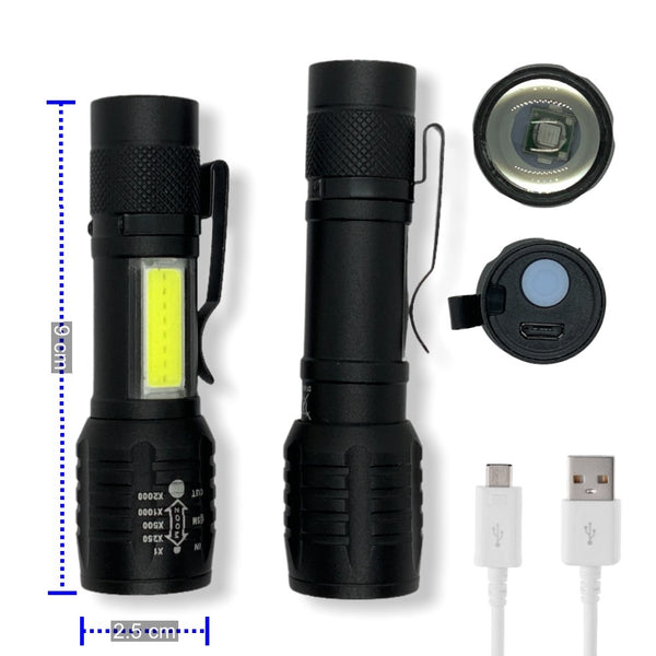 Mini Lámpara LED 1200 lms, LUZ FRONTAL UV-NEGRA c/zoom, Luz Lateral blanca Clip CD434